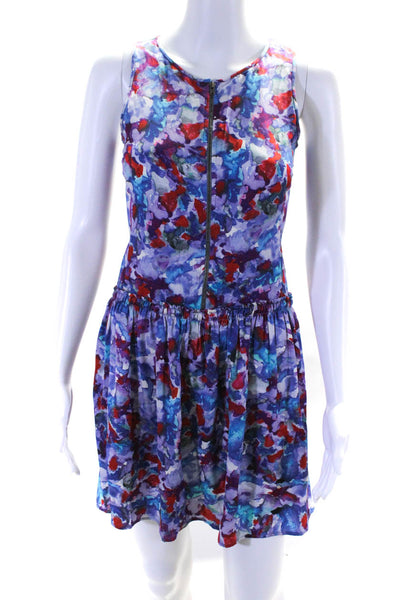 Theory Womens Silk Floral Print Pleated Zipped Drop Waist Dress Purple Size 0