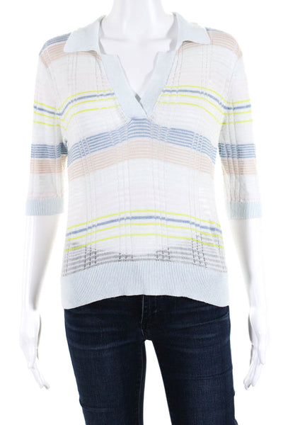 Cotton by Autumn Cashmere Women's Striped V-Neck Collared Top Multicolor Size XS