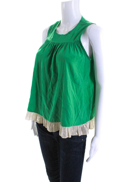 Alisha Levine Womens Colorblock Striped Ruffled Hem Back Slit Top Green Size XS