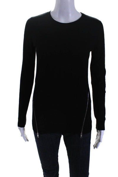 Sandro Womens Contrast Silk Insert Zip Crew Neck Sweater Black Wool Size 1