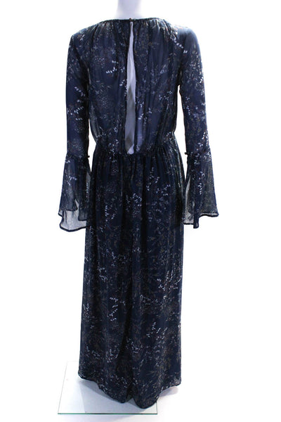 TJD Womens Long Sleeve Layered Open Back Floral Keyhole Maxi Dress Blue Size XS