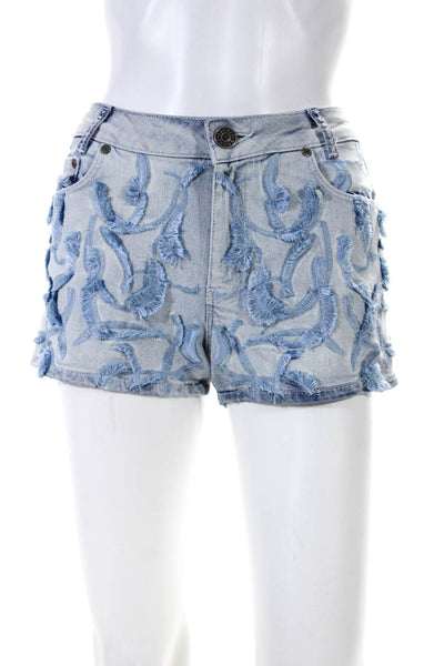 Sandro Paris Womens Cotton Embroidered Fringed Button Shorts Blue Size EUR36