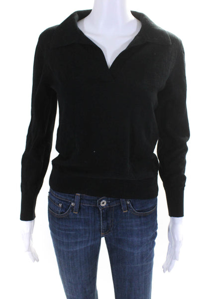 J Crew Womens Cotton Knit Collared V-Neck Long Sleeve Pullover Top Black Size XS