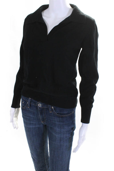J Crew Womens Cotton Knit Collared V-Neck Long Sleeve Pullover Top Black Size XS
