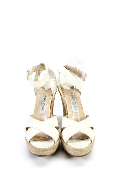 Jimmy Choo Womens Patent Leather Platform Espadrilles Wedges White Brown Size 8
