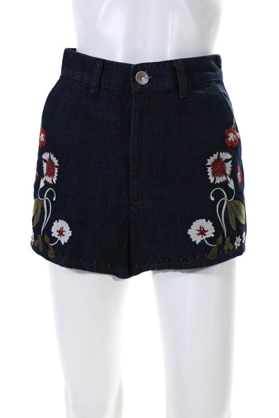 Sandro Paris Womens Cotton Floral Embroider Button Denim Shorts Blue Size EUR36