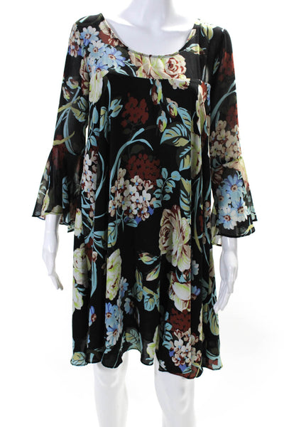Paper Crown Womens 3/4 Sleeve Scoop Neck Floral Shift Dress Black Multi Medium
