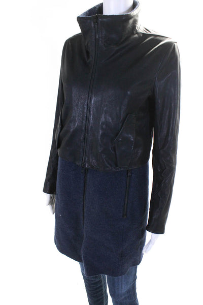 Peace By VSP Womens Leather Layered Double Zip Trench Jacket Black Blue Size 40I