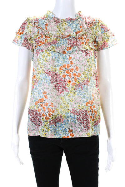 Rebecca Taylor Womens Flutter Sleeve Floral Ruffle Top Blouse Multicolor Size 2