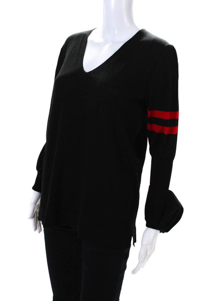 Akris Punto Womens Long Sleeve V Neck Striped Trim Sweater Black Red Wool Size 8