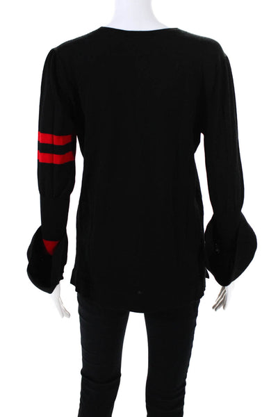 Akris Punto Womens Long Sleeve V Neck Striped Trim Sweater Black Red Wool Size 8