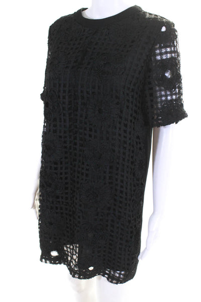 English Factory Women's Short Sleeve Floral Lace Shift Dress Black Size M