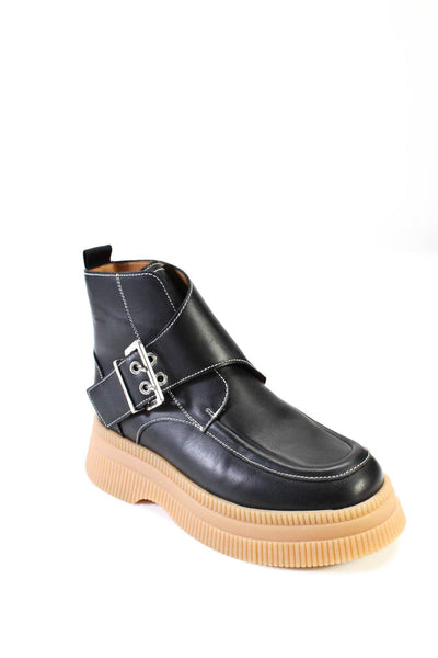 Ganni Women's Leather Buckle Rubber Sole Platform  Ankle Boots Black Size 9