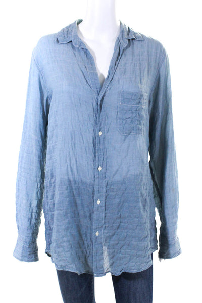 American Colors Women's Cotton V-Neck Button Down Shirt Blue Size M