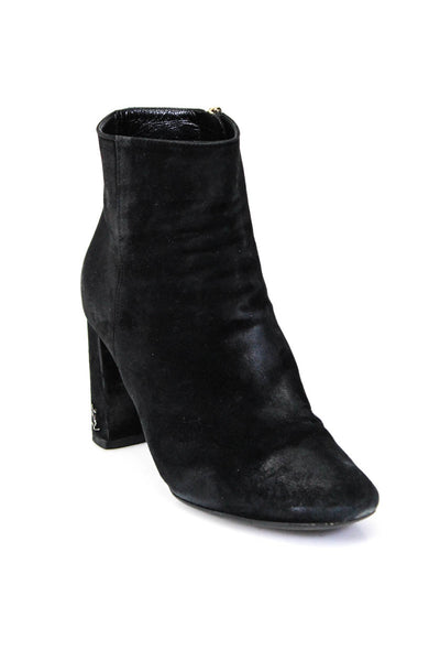 Saint Laurent Women's Suede Round Toe Block Heel Ankle Boots Black Size 36.5