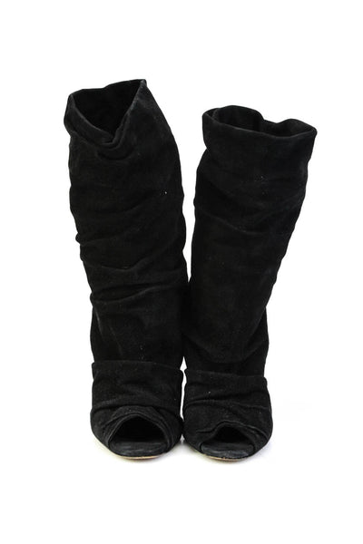 Manolo Blahnik Womens Wedge Heel Peep Toe Scrunched Boots Black Suede Size 36.5