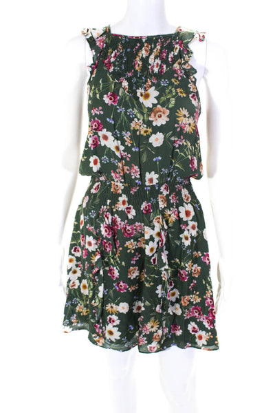 Parker Womens Smocked Floral Sleeveless Elastic Waist A Line Dress Green Small