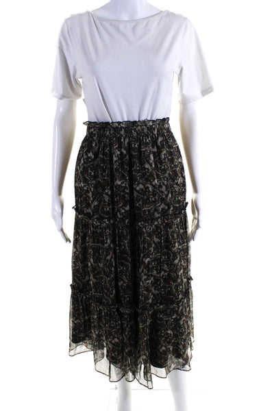 The Westside Womens Elastic Waistband Abstract Midi Silk Skirt Brown Size Medium
