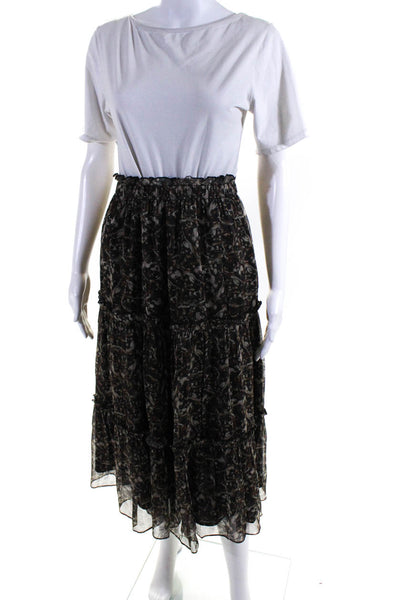 The Westside Womens Elastic Waistband Abstract Midi Silk Skirt Brown Size Medium