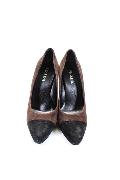 Prada Women's Suede Block Heel Pointed Toe Pumps Brown Size 36.5