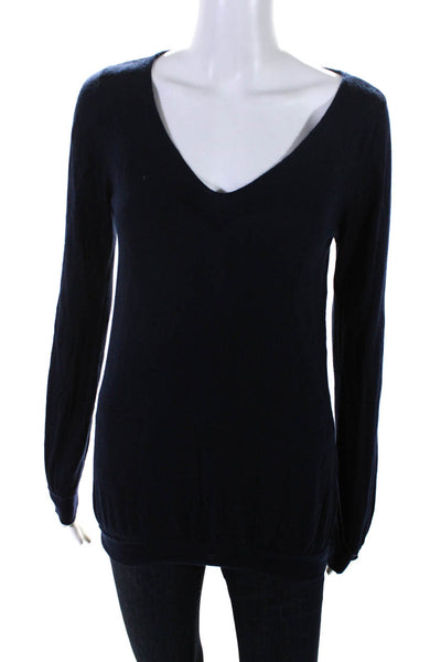 Snobby Sheep Womens Navy Silk V-Neck Long Sleeve Pullover Sweater Top Size 44