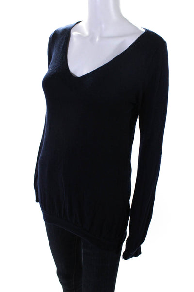 Snobby Sheep Womens Navy Silk V-Neck Long Sleeve Pullover Sweater Top Size 44