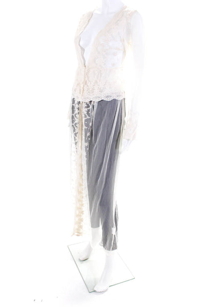 Danity Paris Women's Open Front Lace Trim Long Sleeves Robe Ivory Size S
