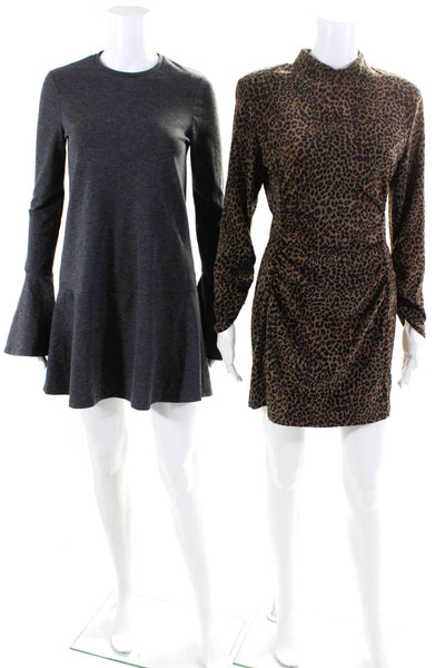 Zara Trafaluc Womens Leopard Print Long Sleeve Dresses Brown Gray Size S M Lot 2
