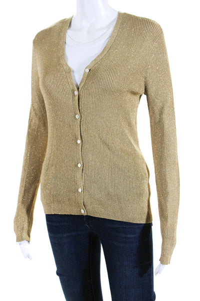 Lauren Ralph Lauren Womens Button Up Metallic Knit Cardigan Sweater Brown Medium