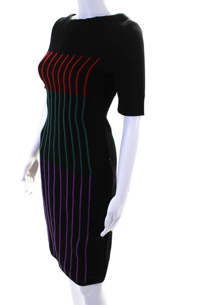 Fendi Womens Back Zip Short Sleeve Stripe Knit Sheath Dress Black Multi Size 4