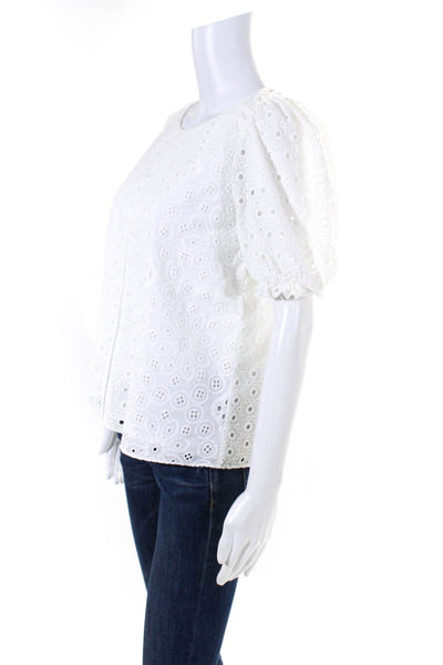 Parker Womens Cotton Embroidered Eyelet Puff Sleeve Blouse Top White Size Small