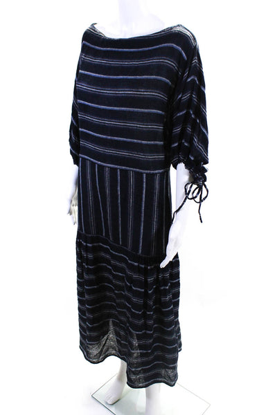 Warm Womens Striped Boat Neck Drawstring Sleeves Pullover Maxi Dress Navy Size 1