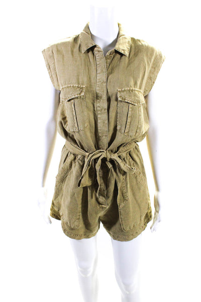 YFB Womens Belted Collared Sleeveless Button Up Romper Playsuit Olive Size S
