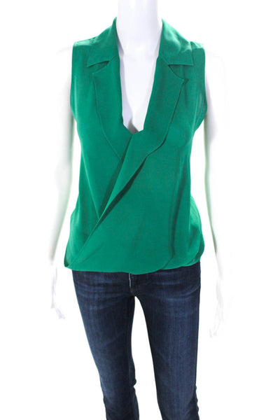 L'Agence Women's Silk V-Neck Sleeveless Collared Blouse Green Size S