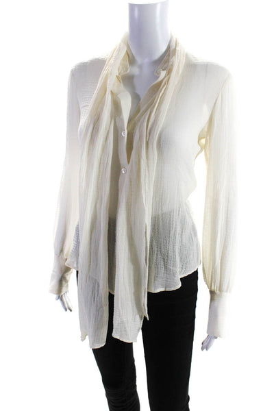 Theory Womens Sheer Tied Neck Sheer Collared Button Down Shirt Cream Size PP
