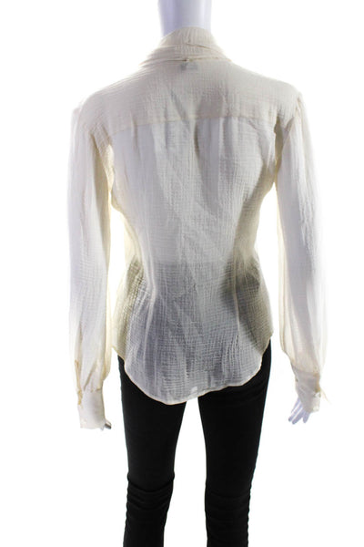 Theory Womens Sheer Tied Neck Sheer Collared Button Down Shirt Cream Size PP