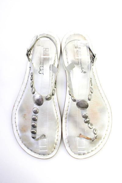 Bernardo Womens Studded Metallic Leather Flat T Strap Sandals Silver Size 10