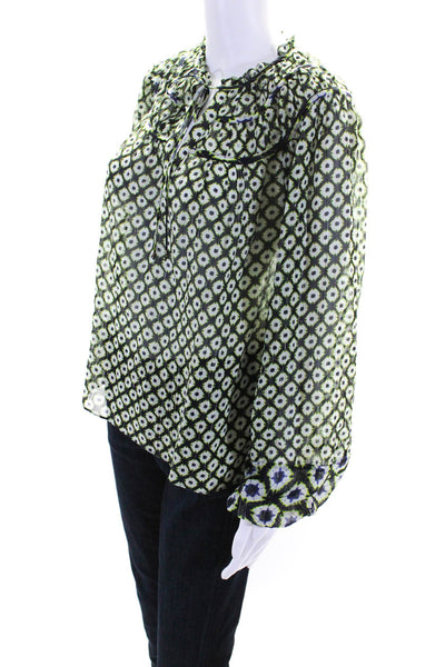 Marie Oliver Womens Cotton Sheer Geometric Print Blouse Top Blue Green Size XS