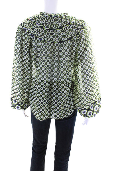 Marie Oliver Womens Cotton Sheer Geometric Print Blouse Top Blue Green Size XS