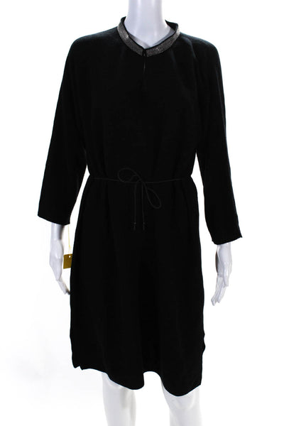 Fabiana Filippi Womens Wool Stud Neckline Long Sleeve Sweater Dress Black Size M