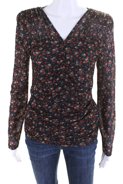 Sandro Womens Floral Print Ruched V-Neck Long Sleeve Blouse Top Black Size 4