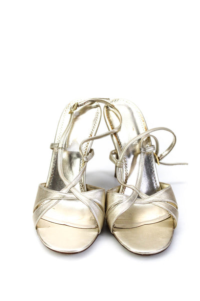 Versani Womens Leather Metallic Open Toe Strappy Slingback Heels Gold Size 10