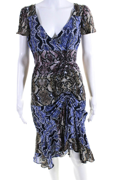Parker Womens Blue Snakeskin Print Silk V-neck Short Sleeve Shift Dress Size 0
