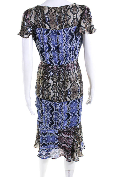 Parker Womens Blue Snakeskin Print Silk V-neck Short Sleeve Shift Dress Size 0