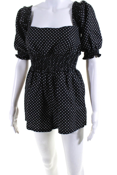 Weworewhat Womens Polka Dot Ruched Zip Up Off The Shoulder Romper Black Size S