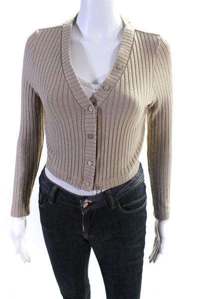 Enza Costa Womens Ribbed Long Sleeved Cropped Cardigan Sweater Brown Size XS