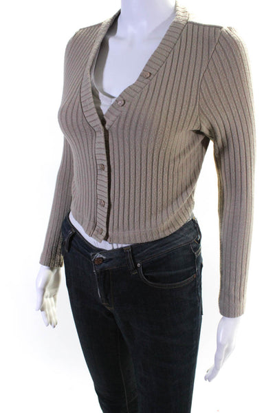 Enza Costa Womens Ribbed Long Sleeved Cropped Cardigan Sweater Brown Size XS