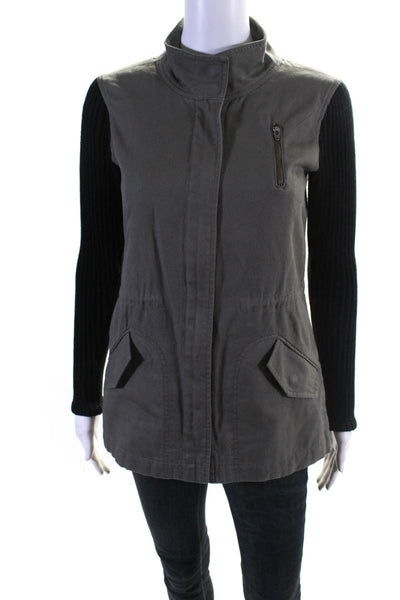 Splendid Womens Knit Sleeve Full Zip Canvas Jacket Black Gray Size Extra Small