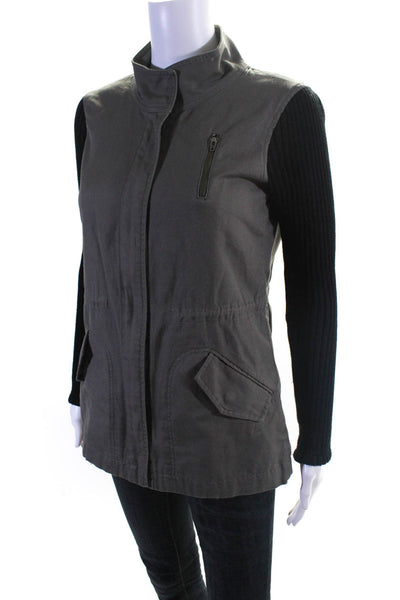 Splendid Womens Knit Sleeve Full Zip Canvas Jacket Black Gray Size Extra Small