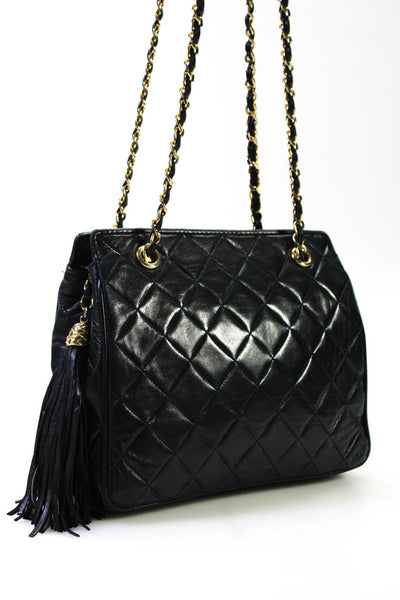 Chanel Womens Black Leather Quilted Tassel Detail Chain Shoulder Bag Handbag